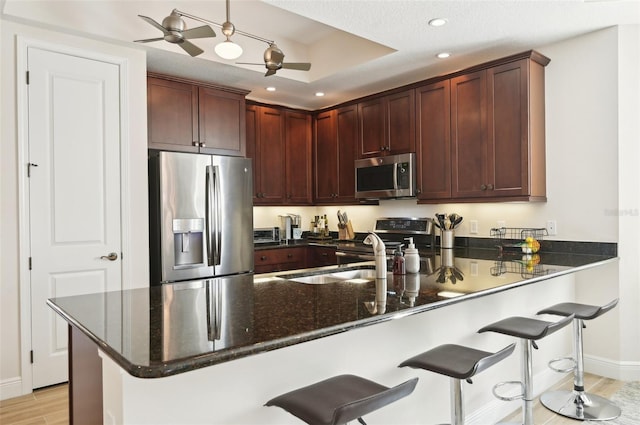 kitchen featuring dark stone countertops, a ceiling fan, a peninsula, a sink, and appliances with stainless steel finishes