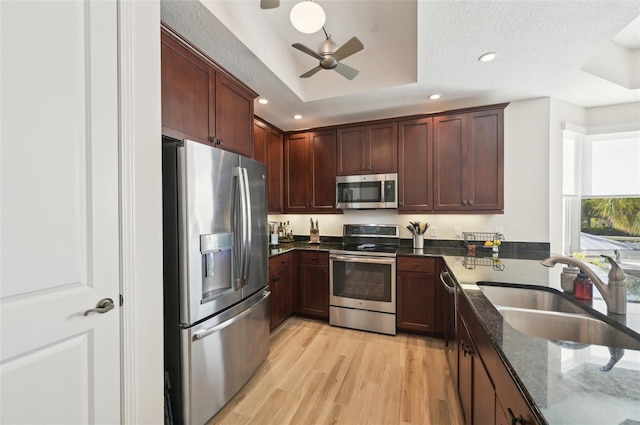 kitchen featuring light wood-type flooring, a sink, dark stone counters, appliances with stainless steel finishes, and a raised ceiling