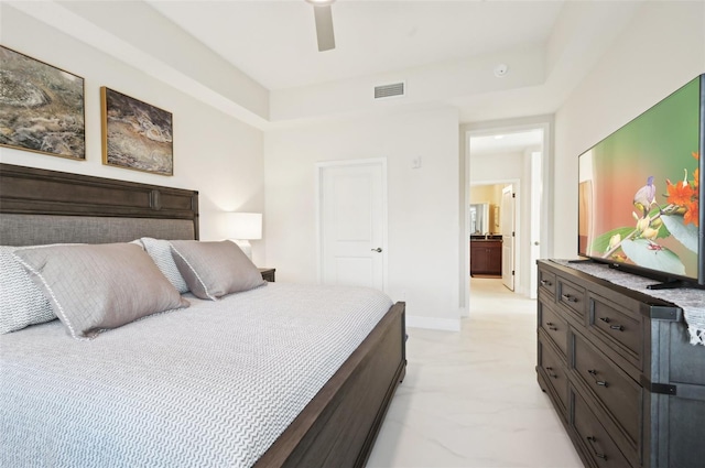 bedroom with visible vents, marble finish floor, a ceiling fan, and baseboards