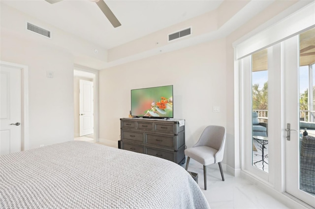 bedroom featuring access to exterior, visible vents, and ceiling fan