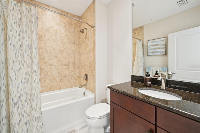 full bath featuring vanity, shower / bath combination with curtain, toilet, and visible vents