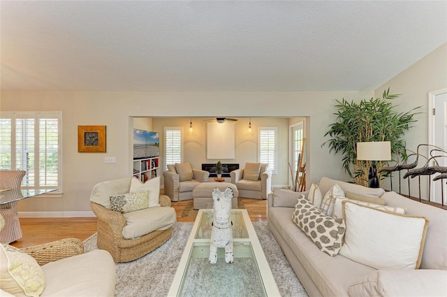 living room featuring a healthy amount of sunlight, a textured ceiling, light wood-style flooring, and baseboards