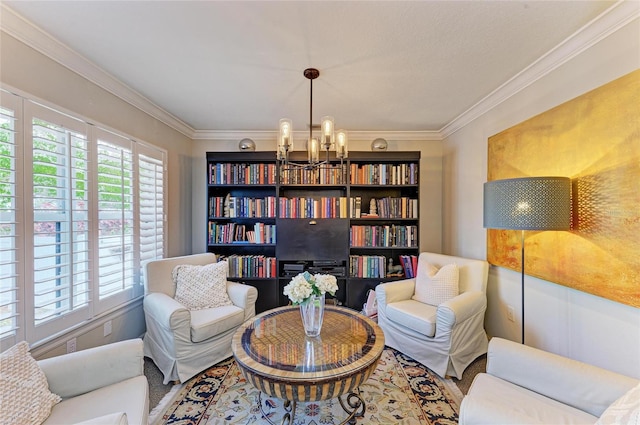 sitting room with a chandelier, plenty of natural light, and crown molding