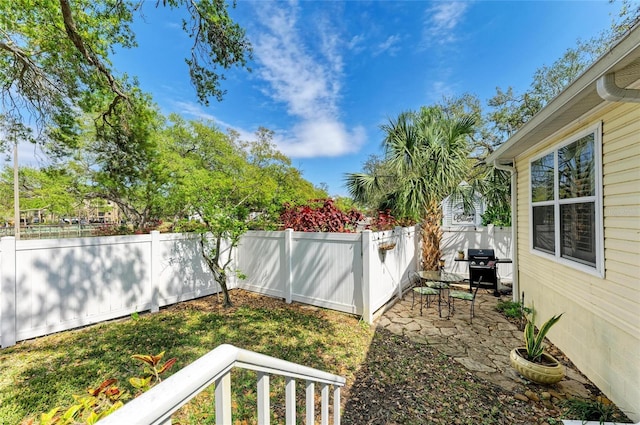 view of yard with a patio and a fenced backyard