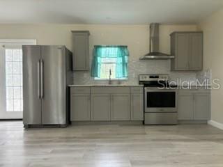 kitchen with a sink, gray cabinetry, stainless steel appliances, wall chimney range hood, and backsplash