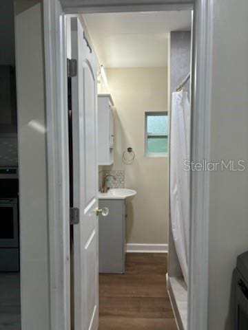 bathroom featuring a shower with shower curtain, baseboards, wood finished floors, and vanity