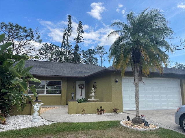 single story home with concrete driveway, a garage, and stucco siding