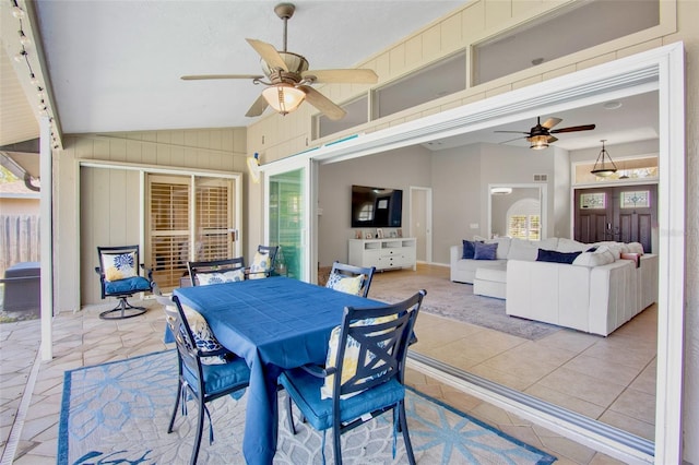 view of patio with visible vents, an outdoor living space, ceiling fan, fence, and outdoor dining area