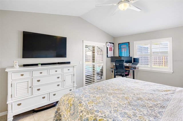 bedroom featuring access to exterior, tile patterned flooring, a ceiling fan, and lofted ceiling