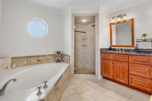 full bath featuring vanity, a shower stall, a bath, and crown molding