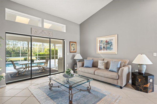 7300 Wax Myrtle Way, Sarasota, FL 34241 - living area with high vaulted ceiling and tile patterned floors