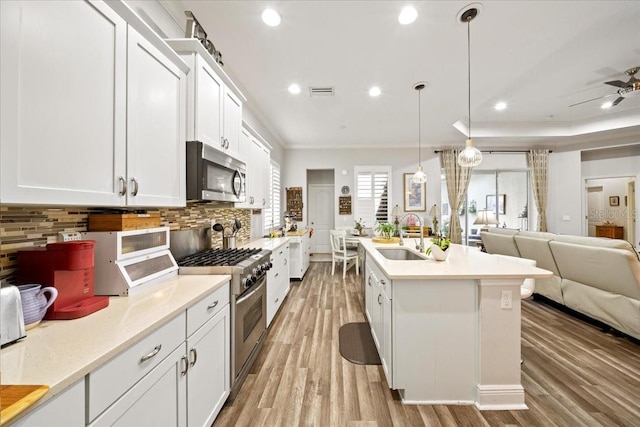 4691 Claremont Park Dr, Bradenton, FL 34211 - kitchen with appliances with stainless steel finishes, open floor plan, backsplash, light wood-style flooring, and crown molding