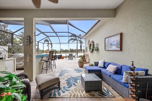 4691 Claremont Park Dr, Bradenton, FL 34211 - view of patio with outdoor lounge area, ceiling fan, a water view, a lanai, and an outdoor pool