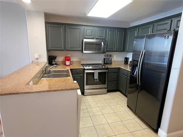 13415 Blue Heron Beach Dr Unit 1407, Orlando, FL 32821 - kitchen featuring a sink, stainless steel appliances, a peninsula, and light tile patterned floors