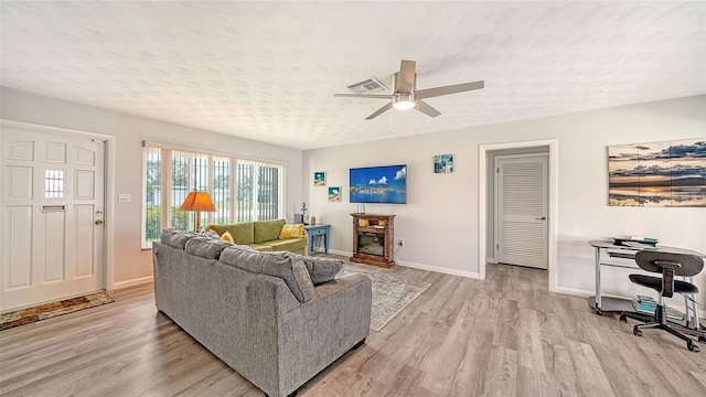22201 Olean Blvd, Port Charlotte, FL 33952 - living area with a ceiling fan, visible vents, a textured ceiling, and light wood-type flooring