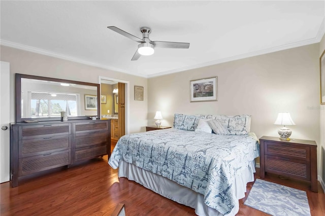 bedroom featuring ceiling fan, wood finished floors, and crown molding