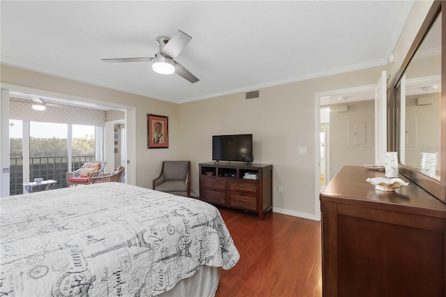 bedroom with baseboards, visible vents, ceiling fan, dark wood-type flooring, and crown molding