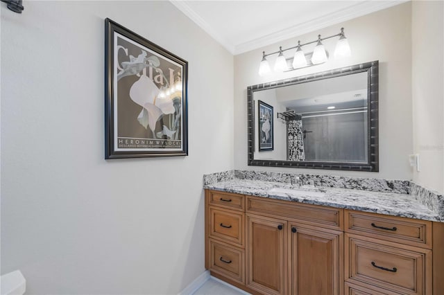 full bath with a shower with shower curtain, vanity, and crown molding