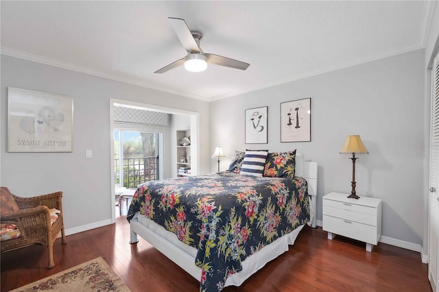 bedroom with access to outside, crown molding, baseboards, and wood finished floors