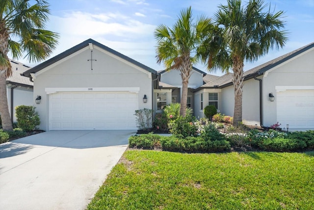 5998 Amberly Dr, Bradenton, FL 34208 - single story home with stucco siding, a front yard, concrete driveway, and an attached garage