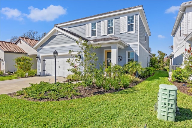 view of front of property with a front lawn, a garage, and driveway