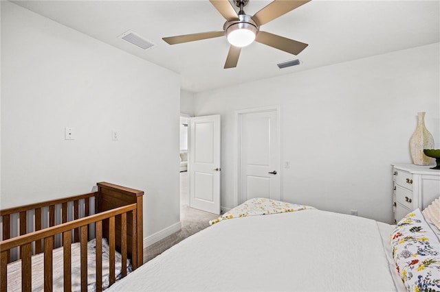 bedroom featuring visible vents, ceiling fan, baseboards, and carpet