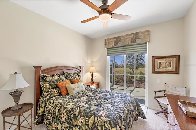 bedroom with carpet flooring, a ceiling fan, baseboards, and access to outside