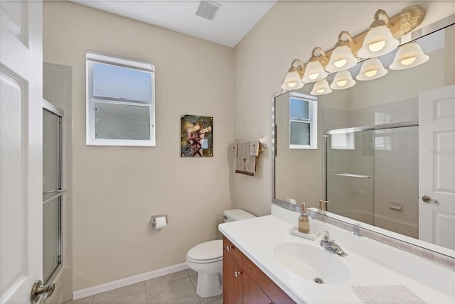 full bath with a wealth of natural light, visible vents, a shower with door, and tile patterned floors