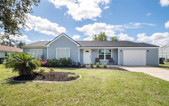 single story home with an attached garage, a porch, concrete driveway, and a front yard