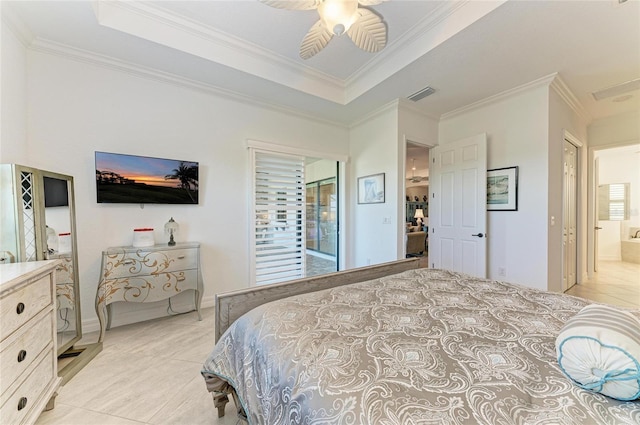 bedroom with light tile patterned floors, visible vents, a raised ceiling, and ornamental molding