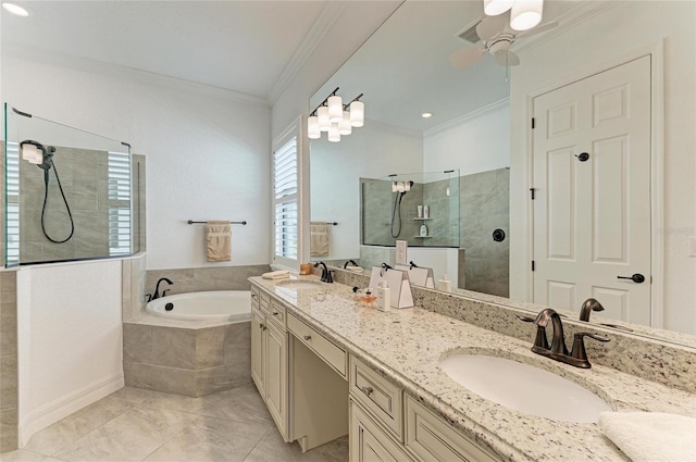 bathroom featuring a walk in shower, crown molding, and a sink