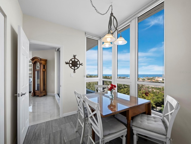 dining room featuring baseboards, floor to ceiling windows, and a water view