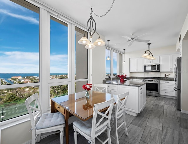 dining room with plenty of natural light, visible vents, and ceiling fan