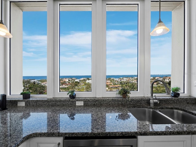 interior details featuring a sink, dark stone counters, stainless steel dishwasher, and white cabinets