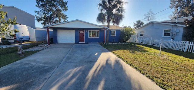 single story home with concrete driveway, a garage, fence, and a front lawn