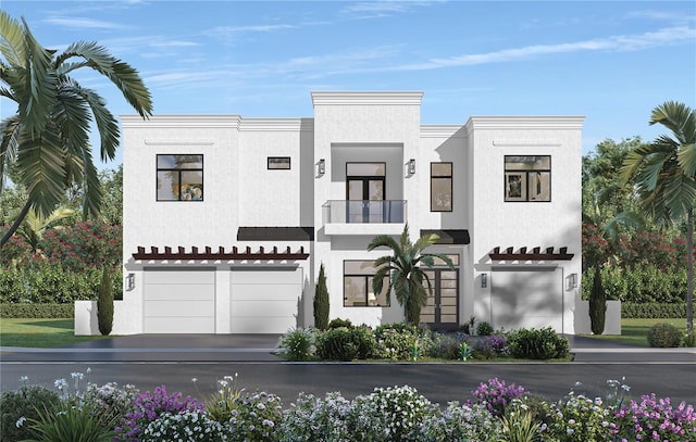 view of front of property with a balcony, stucco siding, an attached garage, and driveway