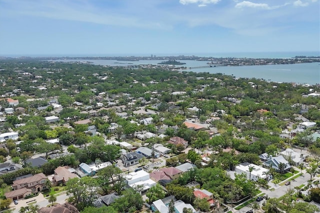 aerial view featuring a water view and a residential view