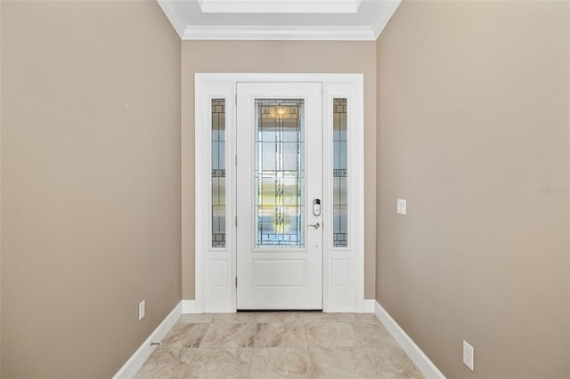 entrance foyer with crown molding and baseboards