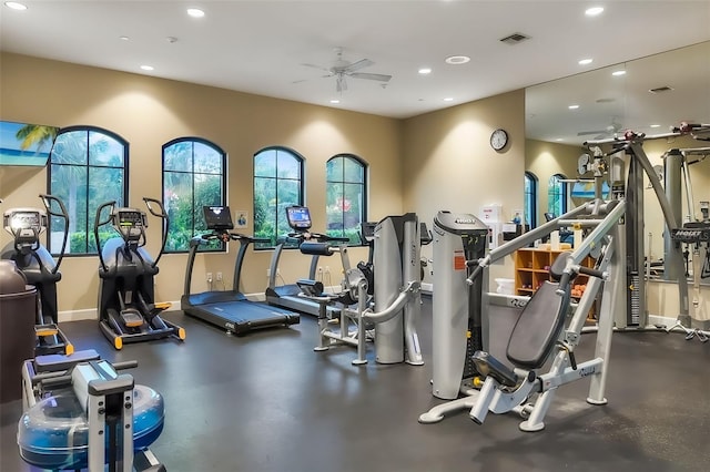 gym with visible vents, recessed lighting, baseboards, and a ceiling fan