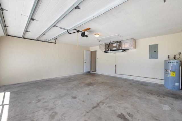 garage with electric panel, a garage door opener, and water heater