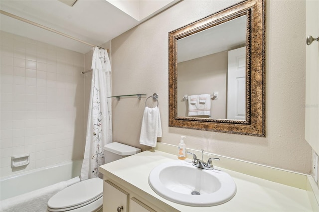 full bath featuring shower / bathtub combination with curtain, toilet, vanity, and a textured wall