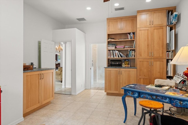 office area with recessed lighting, visible vents, baseboards, and light tile patterned floors