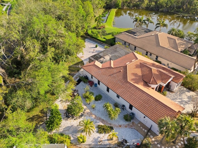 bird's eye view with a water view