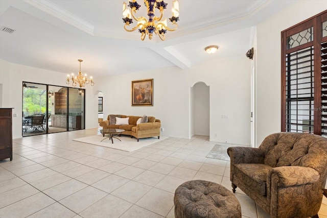 living room featuring visible vents, arched walkways, a notable chandelier, and light tile patterned flooring