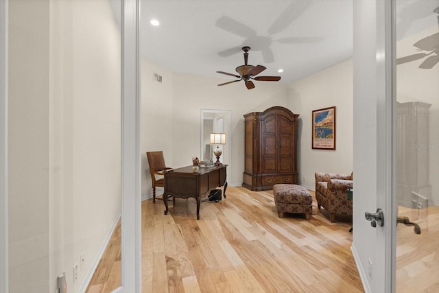 office area with a ceiling fan, wood finished floors, visible vents, baseboards, and recessed lighting