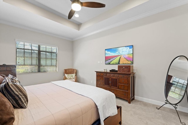 bedroom featuring a raised ceiling, multiple windows, light colored carpet, and baseboards