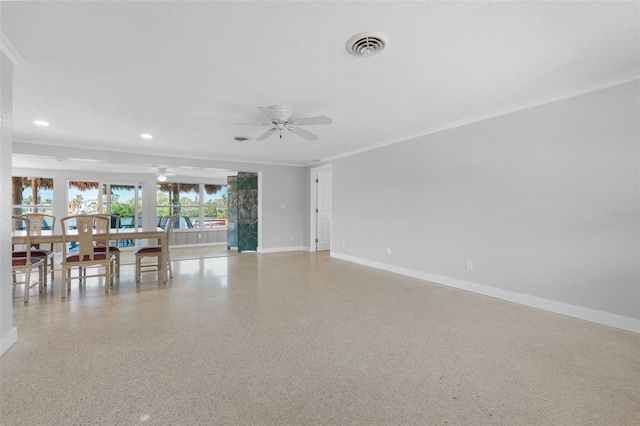 interior space featuring visible vents, crown molding, speckled floor, baseboards, and ceiling fan