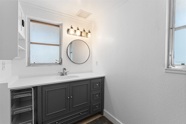 bathroom with vanity, a healthy amount of sunlight, baseboards, and a textured wall