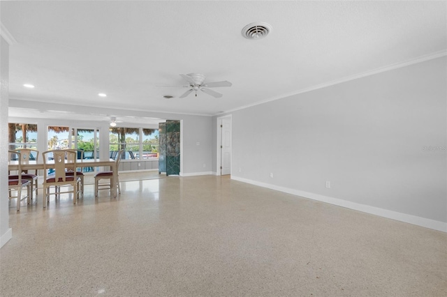 unfurnished living room featuring crown molding, ceiling fan, baseboards, visible vents, and recessed lighting
