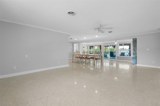 living room with ceiling fan, baseboards, crown molding, and visible vents